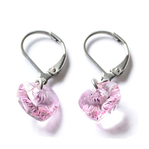 Edelstahl Ohrhänger/ Brisuren mit Herz Kristallen in der Farbe Crystal Light Rose